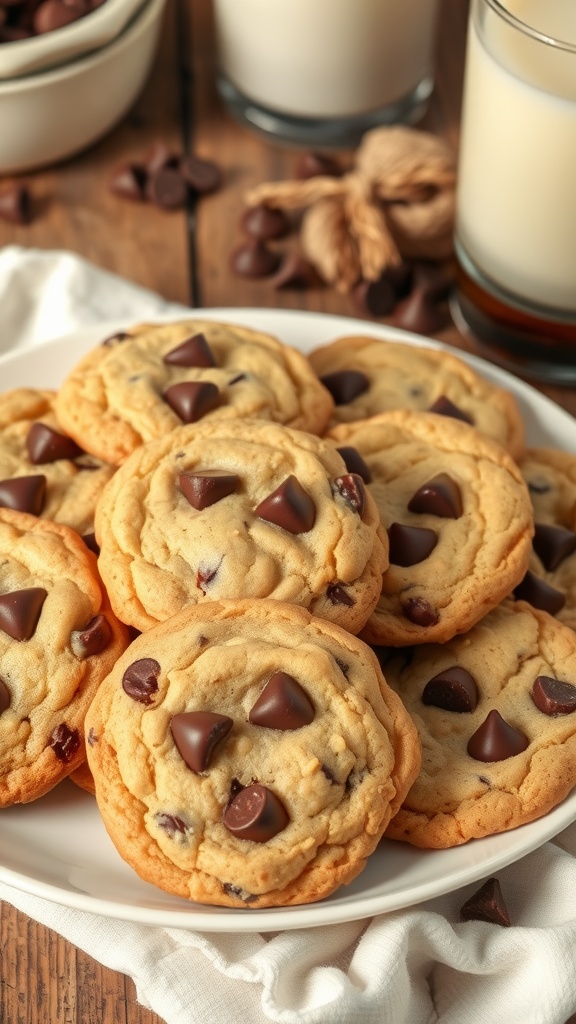 A plate of warm chocolate chip cookies with melted chocolate chips, alongside a glass of milk on a rustic table.